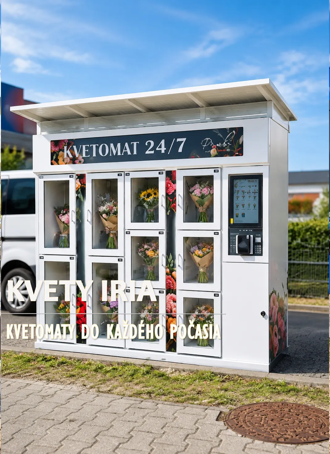 Exteriérový kvetomat na 10 kytíc pred obchodným centrom